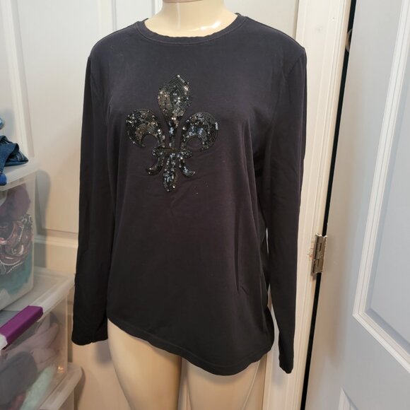 TALBOTS Black Cotton Stretch Top Fleur De Lis Sequins Saints Long Sleeve Top - Picture 2 of 8